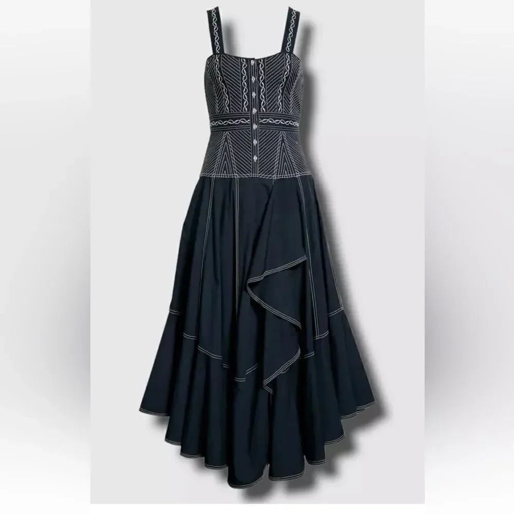 Ulla Johnson Dress Nerida Size 2 Navy Blue Embroidered Ruffle Cotton Sleeveless